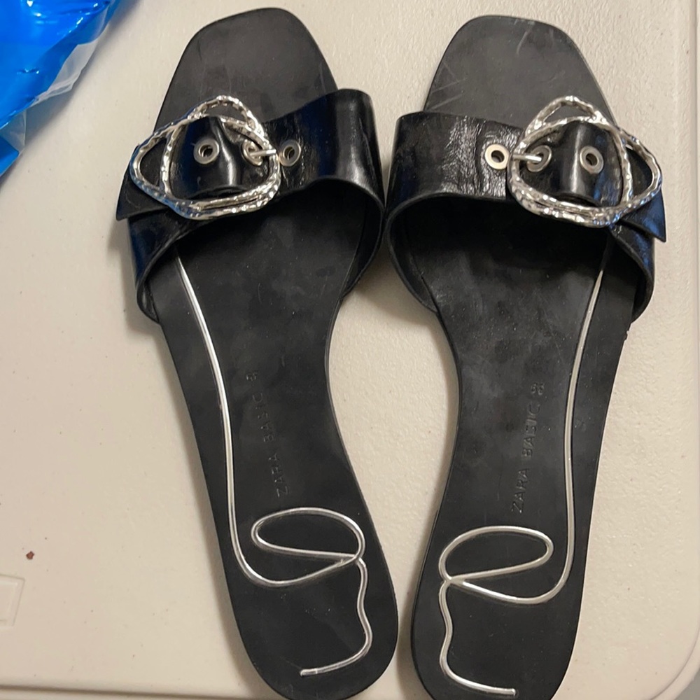 Zara Black Slide Sandals with Silver Buckle Detail